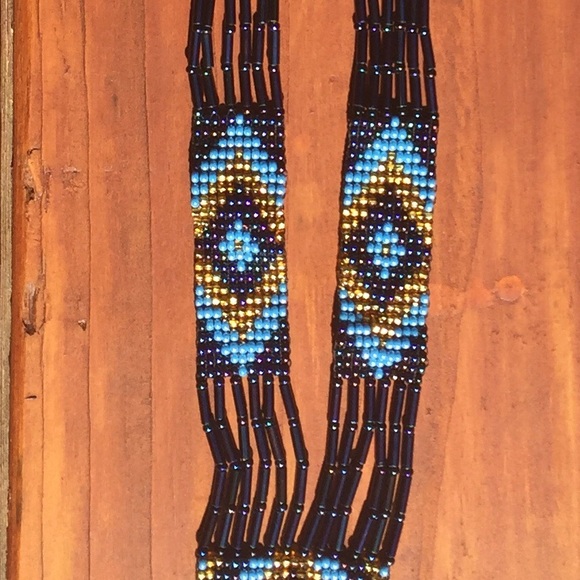 Jewelry - Seed Beaded Loomed Navy Blue Turquoise Necklace